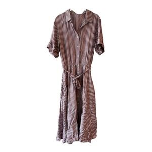 Stelen Pinstripe Shirtdress Midi Tie Waist Short Sleeve Utility Collared M/L